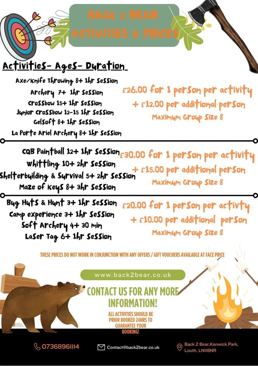 Back 2 Bear activity prices flyer